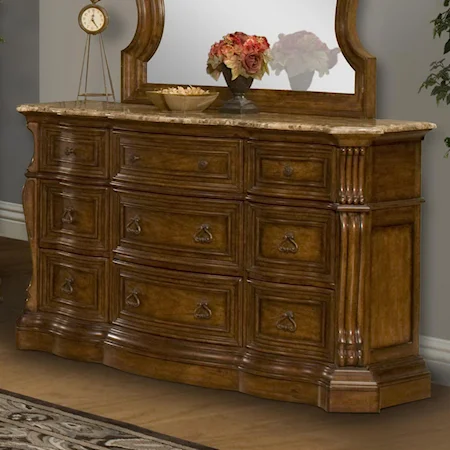 Traditional Hand-Rubbed Pecan 9-Drawer Dresser with Faux Marble Top